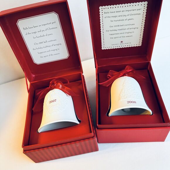 Set of 2 Hallmark Bell Ornaments 2007 & 2008 Bell Christmas Tree Ivory Porcelain - Picture 1 of 10